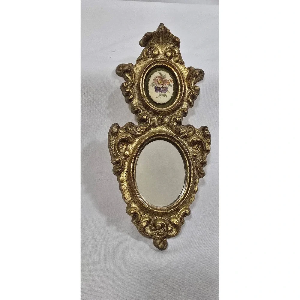 Vintage 1950s E.A. Riba wall plaque gold frame floral beaded glass cameo mirror